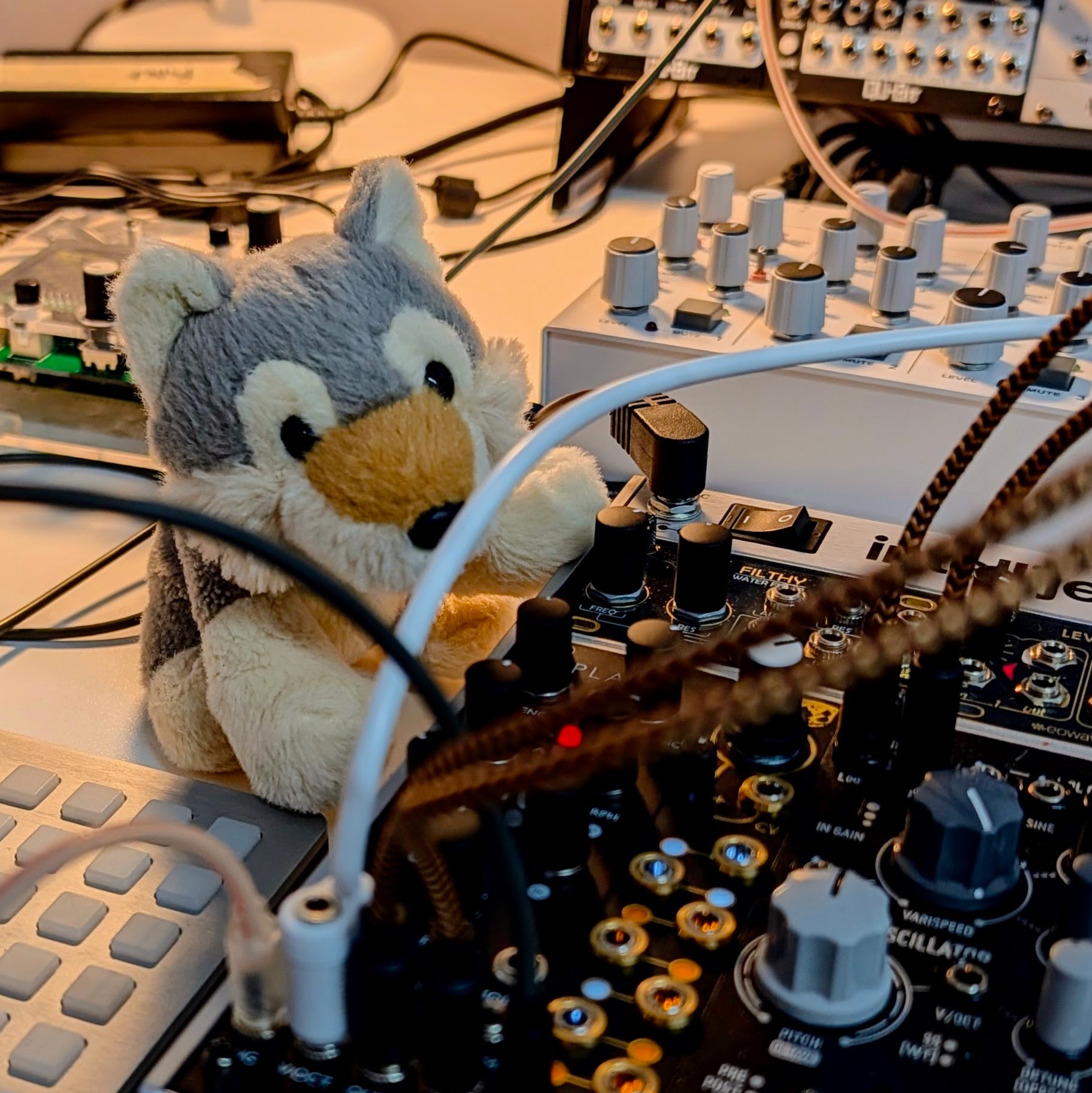A small gray and brown stuffed dog toy sitting on a desk surrounded by modular synthesizer modules, patch cables, and a Monome grid controller, warmly lit from above